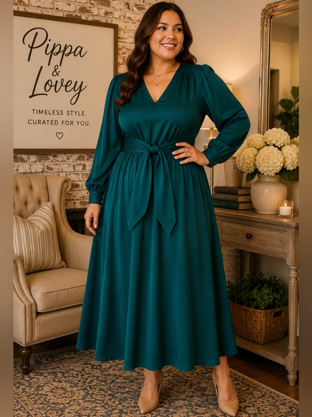 MANGO Deep Teal V-Neck Tie-Waist Midi Dress NWT | Size 3XL